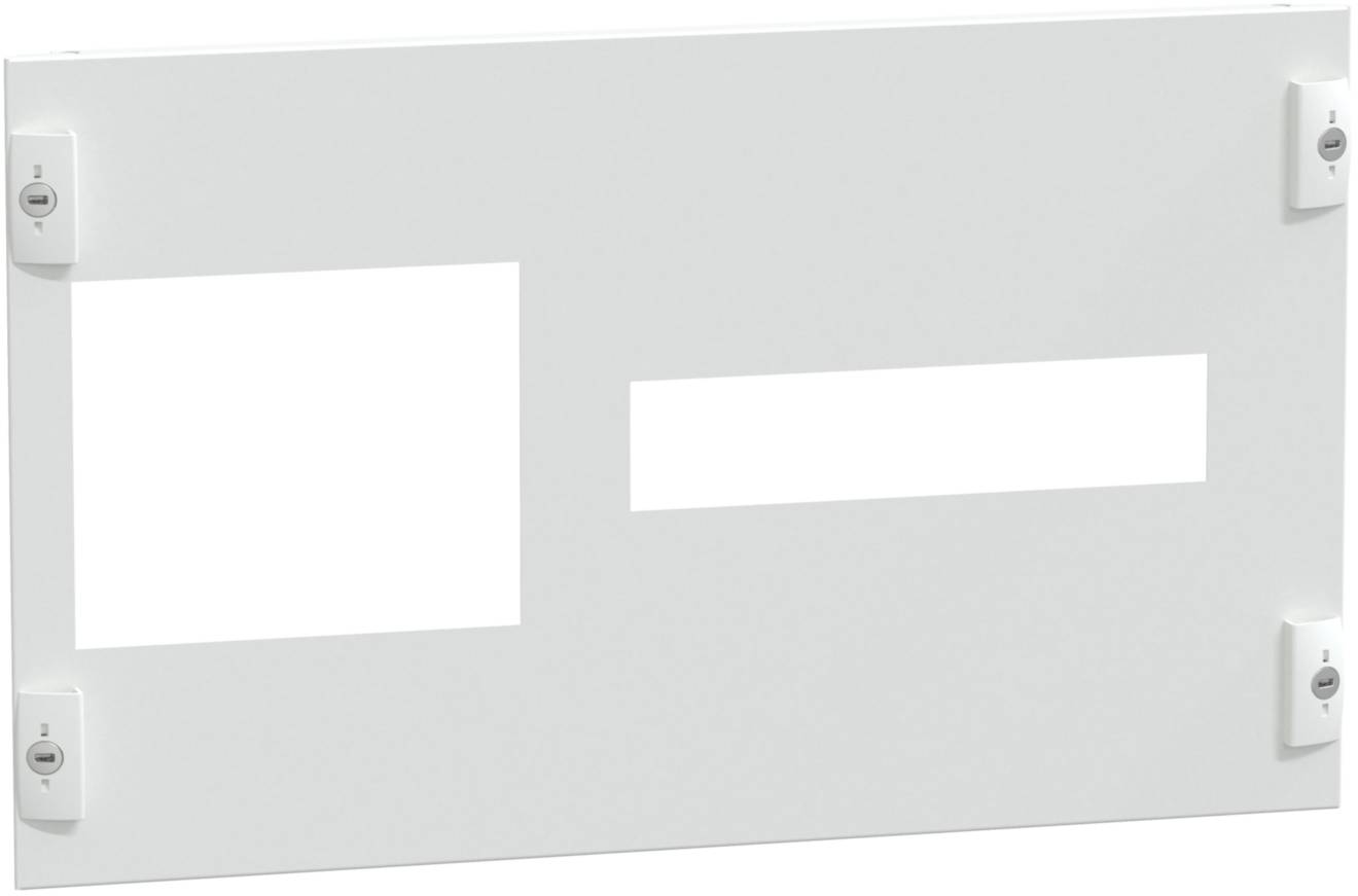 White cover plate with two rectangular cutouts of different sizes, mountable with four screws at the corners.