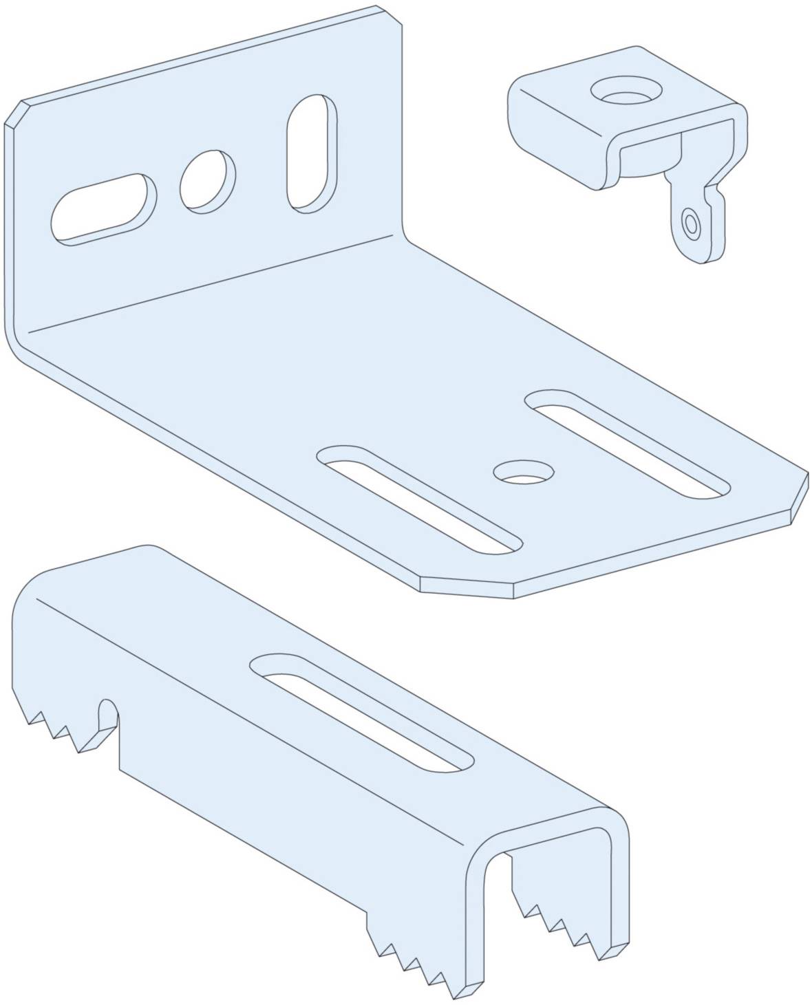 Illustration of three blue metal fittings with different shapes and slots for wall mounting.