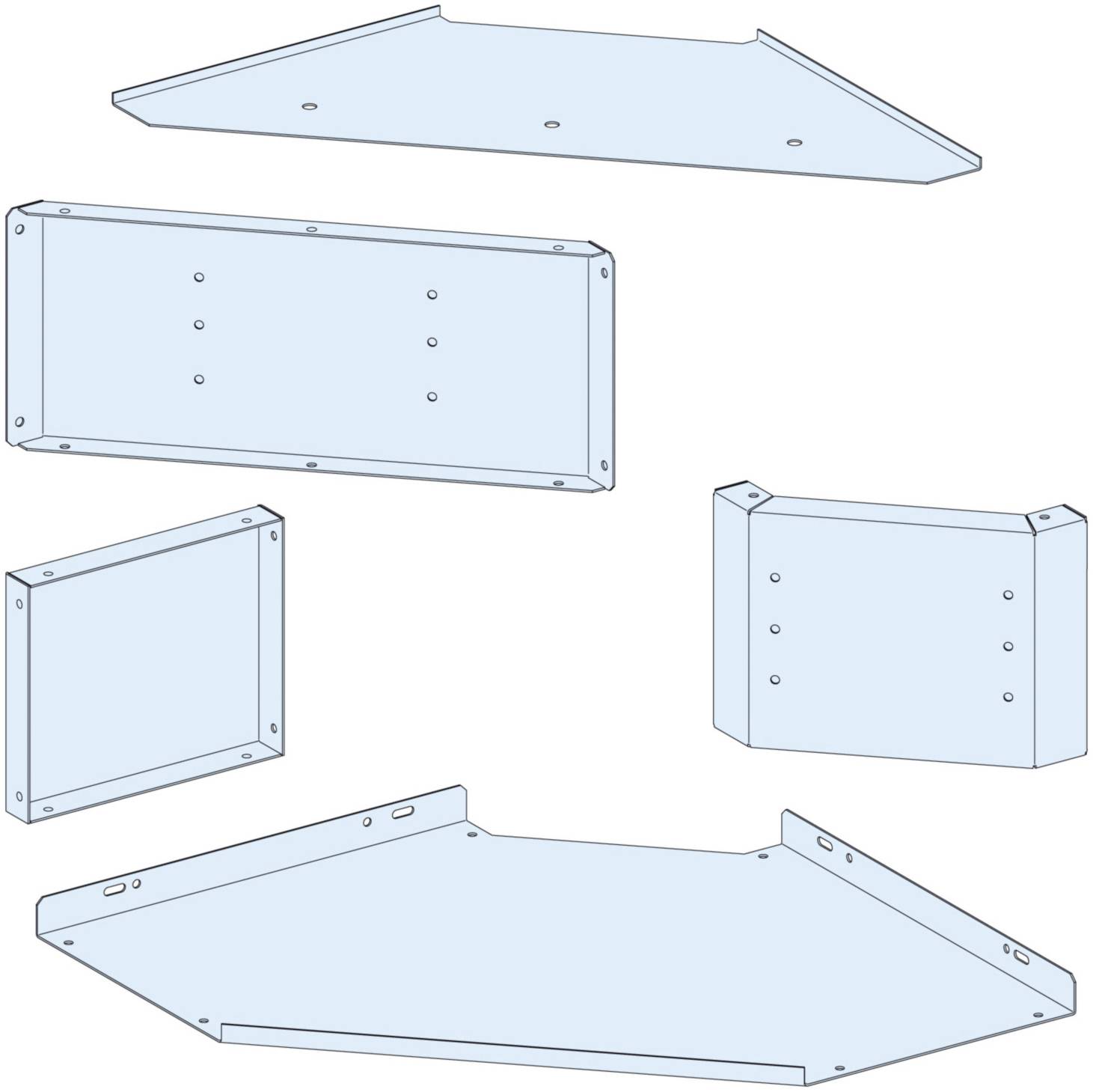 Exploded view of metal enclosure components. Five technical components with drilled holes for assembly.