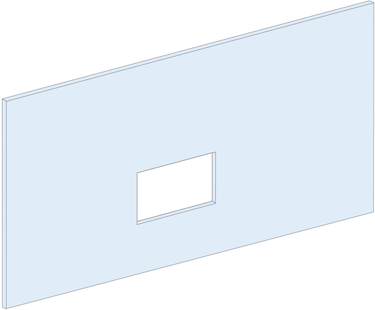 A rectangular blue wall with a rectangular recess in the centre.