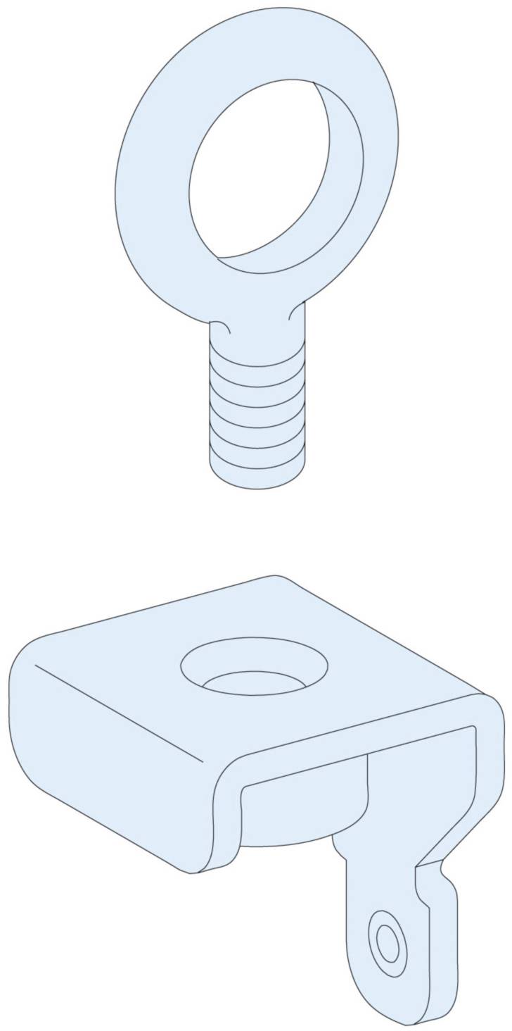 A blue metal component with threading, positioned above a rectangular holder with a matching hole, shown in a schematic illustration.