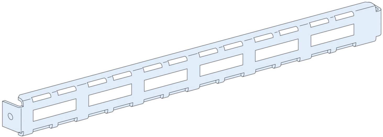 Blue rackmount patch panel with multiple rectangular cutouts for configuring network connections in a data centre.