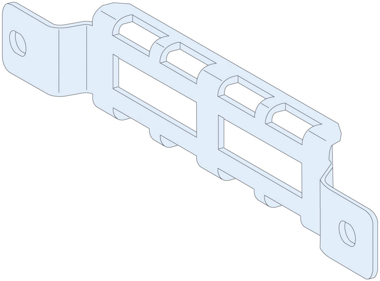Metal mounting bracket with multiple rectangular openings, used for fastening or supporting components in technical applications.