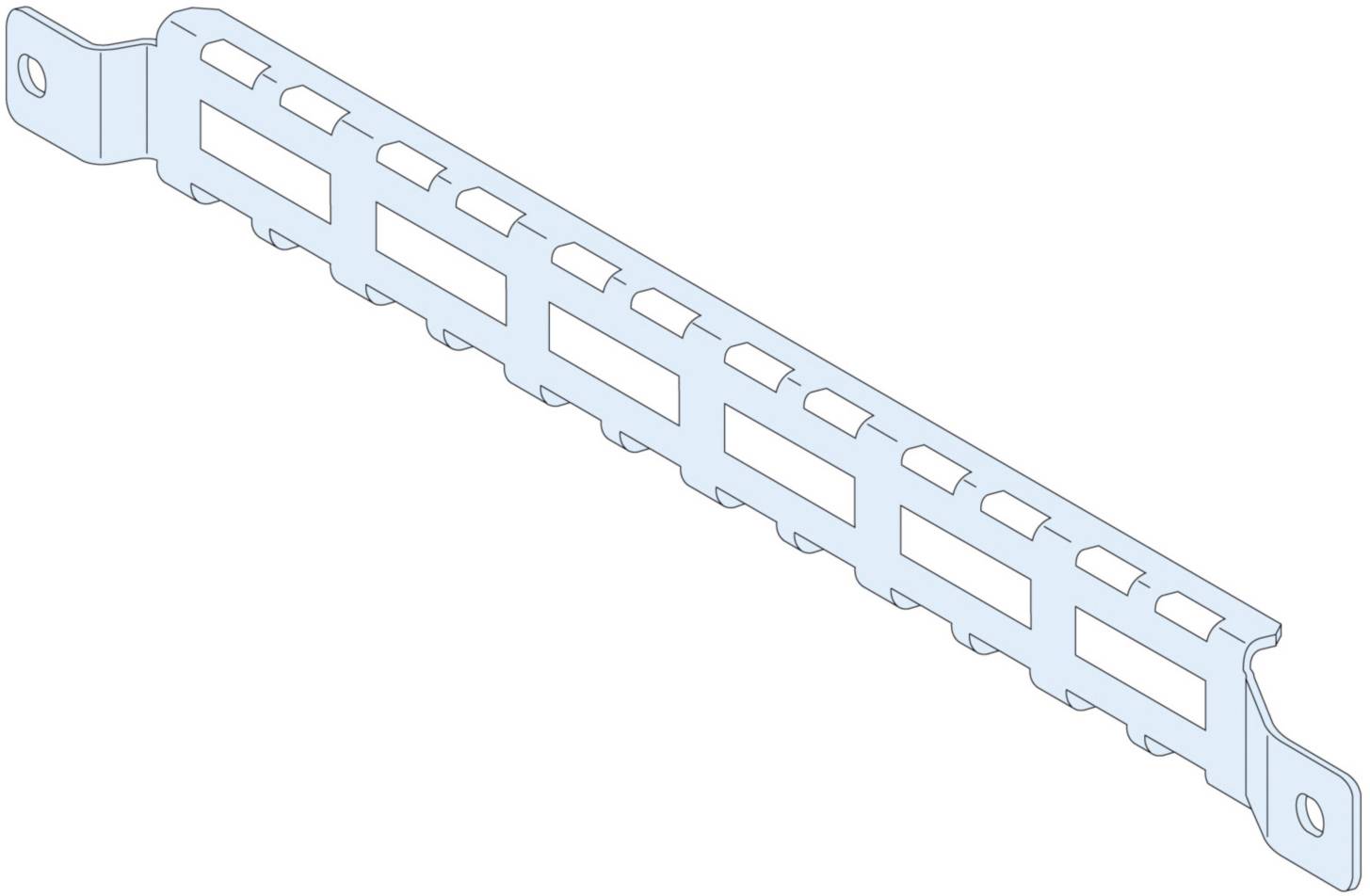 Metal frame with openings for cable attachment in a network rack.