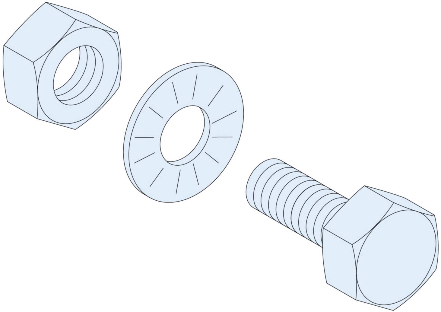 Bolt, nut, and washer in a technical drawing; illustrates the assembly of mechanical parts.
