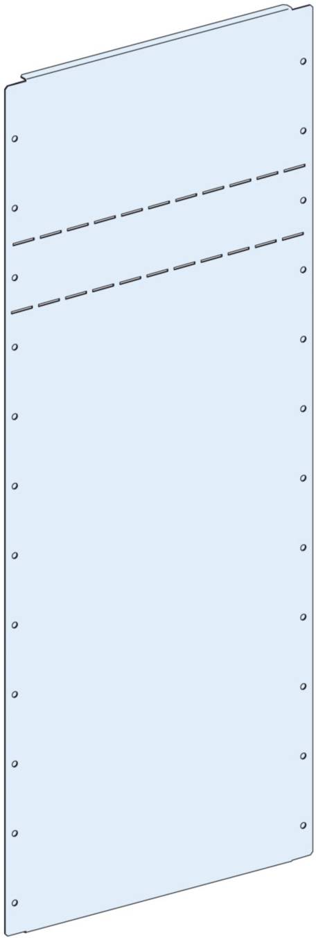 A vertical blue plate with several small holes along the edges and two parallel dashed lines in the centre.