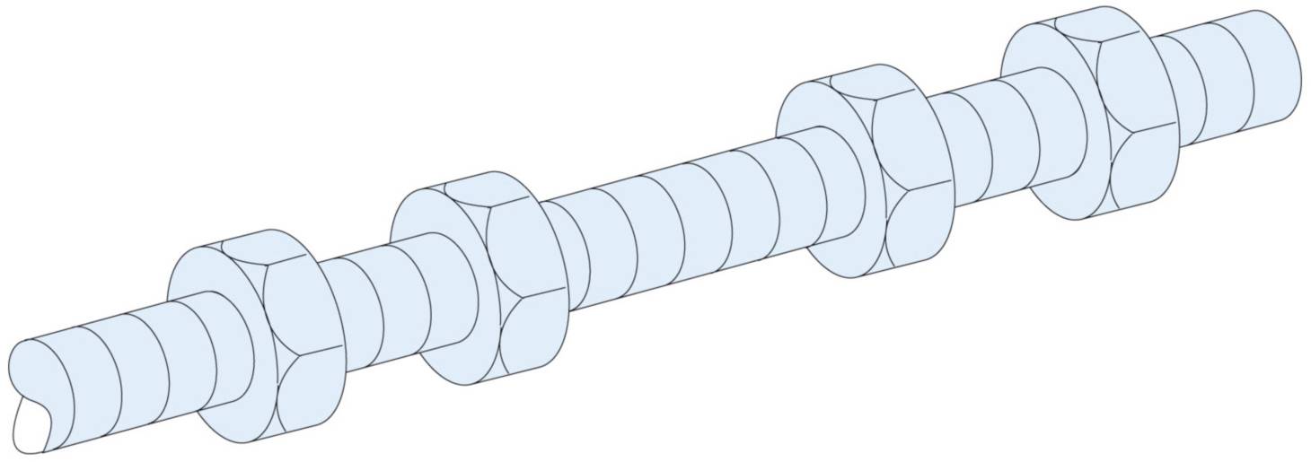 A technical drawing of a camshaft with multiple cams. It controls the opening and closing of valves in engines.