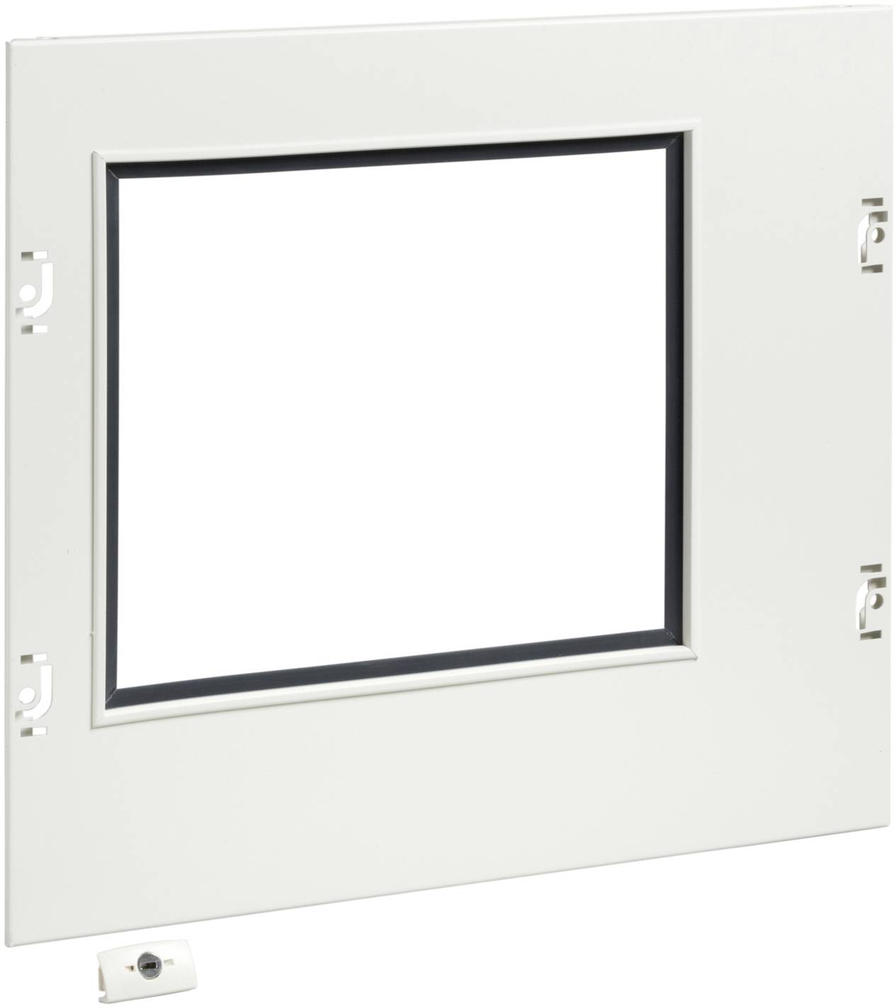 A rectangular white frame with an empty interior, possibly a shutter or cover. A small part is attached at the bottom left.