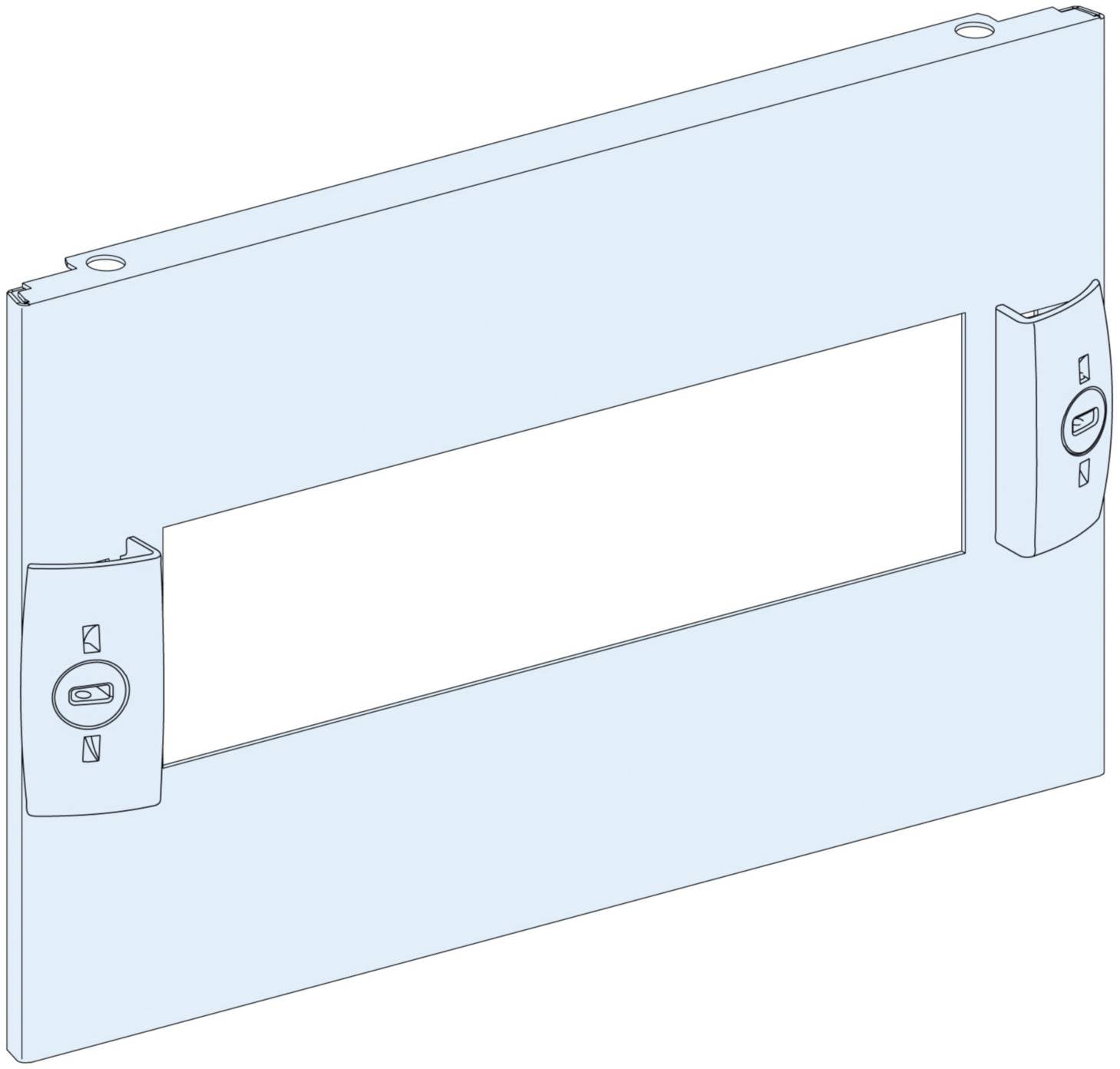 Metal lock cover with a rectangular cut-out in the centre and two keyhole apertures on the sides, suitable for connecting elements.