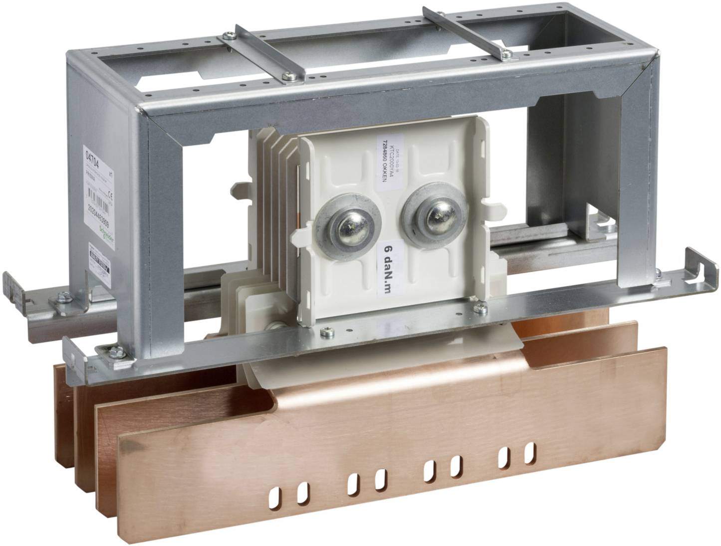 Industrial component: Electrical component with a metal frame and copper connections, used for connection and power transmission on a rail.