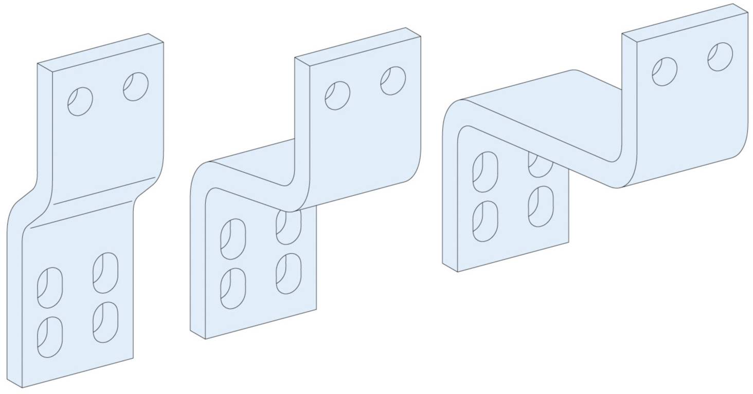 Three blue, metal-like brackets with different angles and hole configurations, suitable for connection structures.