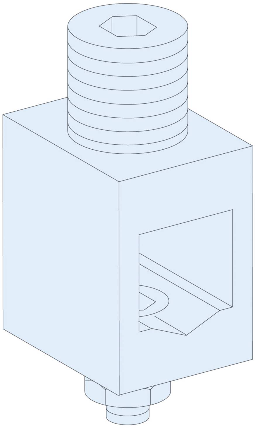 A 3D model of a mechanical component resembling a screw with a rectangular mounting bracket, featuring a hexagonal screw head and threading.