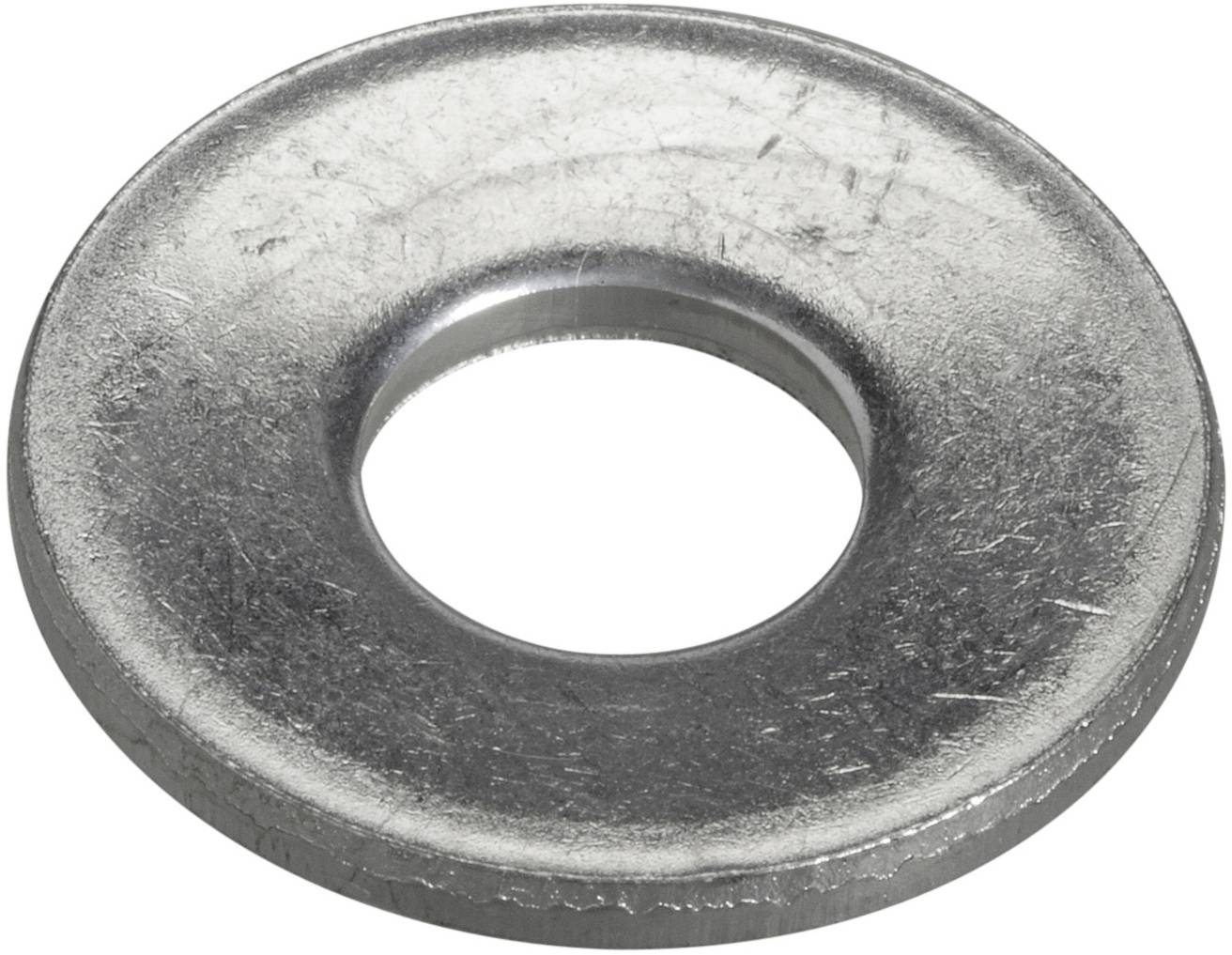 A metal disc with a central hole. It has a smooth, silver surface and is often used as a washer.