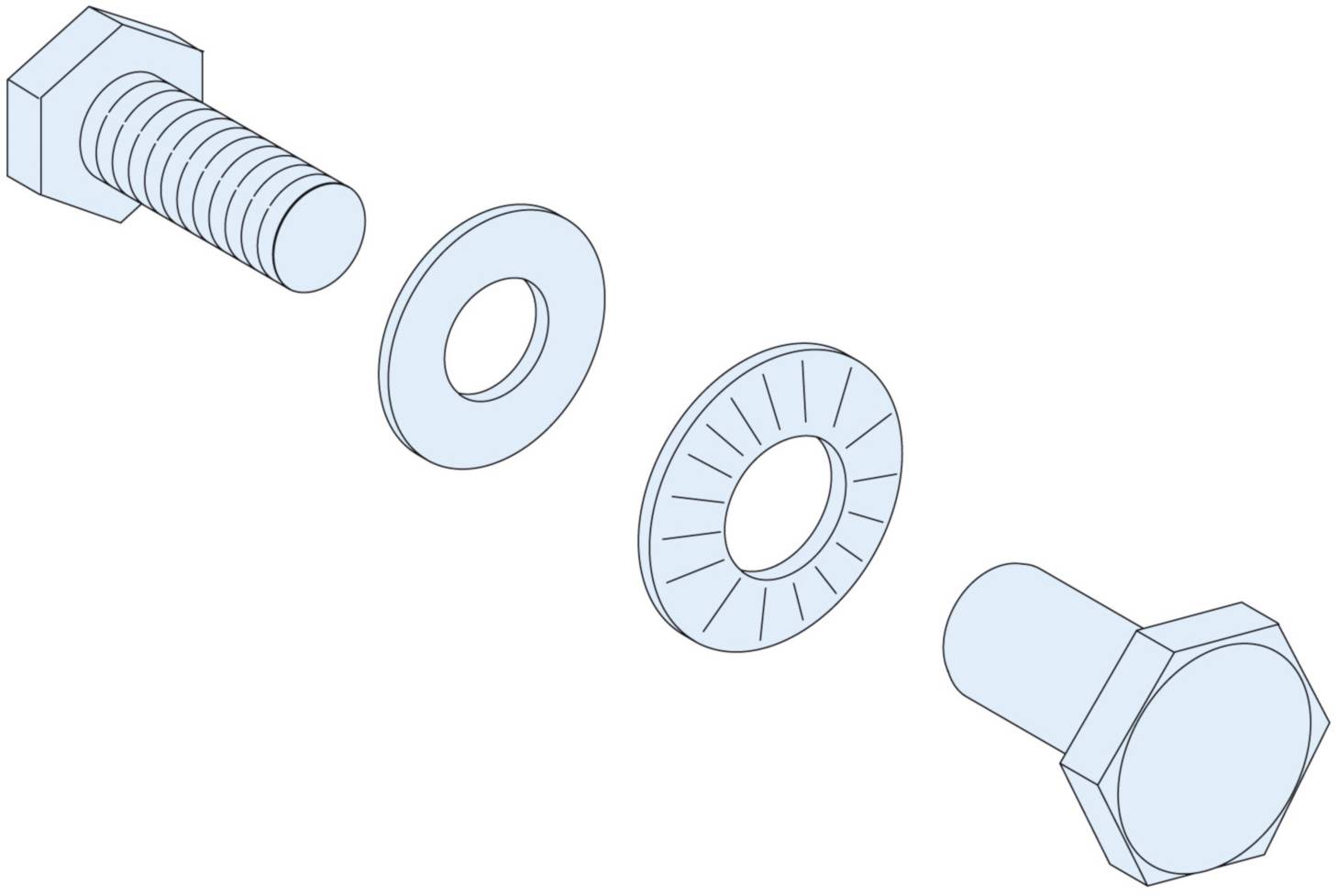 Exploded view of a screw system: a screw, two washers, and a nut, demonstrating a mechanical connection.
