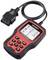 A red vehicle diagnostic device with a screen and buttons. It displays various diagnostic options. An OBD cable is connected.