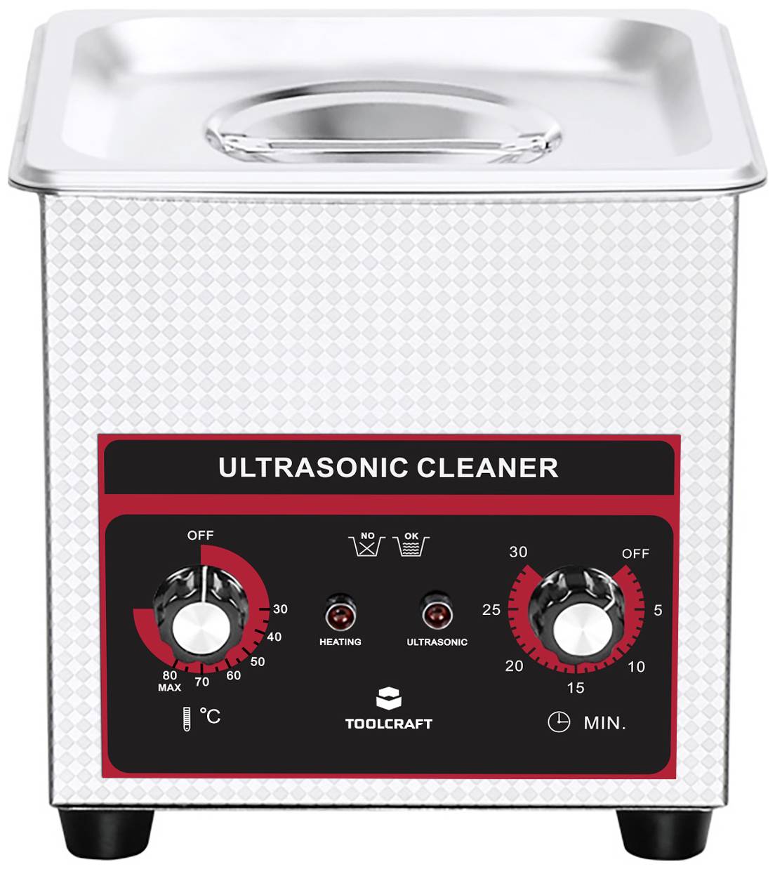 Ultrasonic cleaner with temperature and time settings. Stainless steel housing, suitable for cleaning small objects.