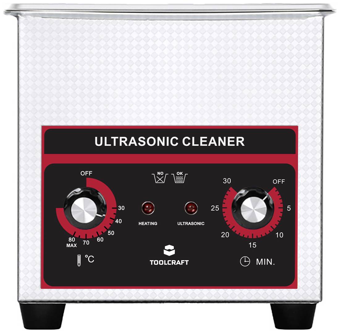 Ultrasonic cleaner with control panel, temperature and time settings, brand name 'Toolcraft'. Set to 60°C, 15 mins.