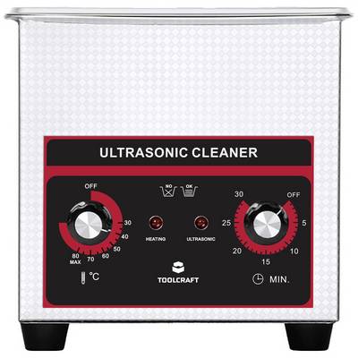 Ultrasonic cleaner with control panel, temperature and time settings, brand name 'Toolcraft'. Set to 60°C, 15 mins.
