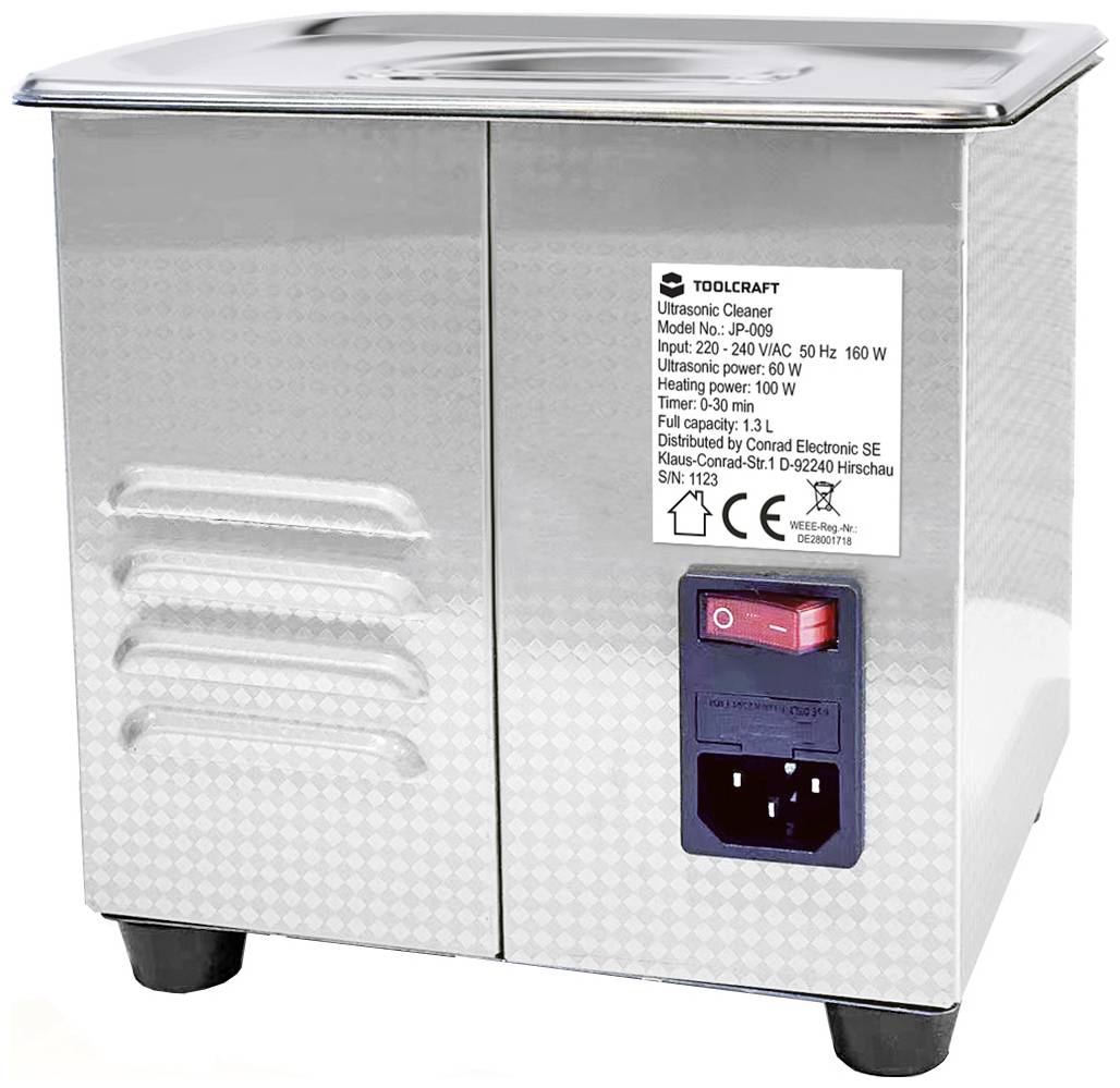 Stainless steel ultrasonic cleaning device with switch and label, model and performance details visible. Ideal for gentle cleaning.