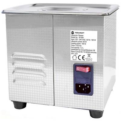 Stainless steel ultrasonic cleaning device with switch and label, model and performance details visible. Ideal for gentle cleaning.