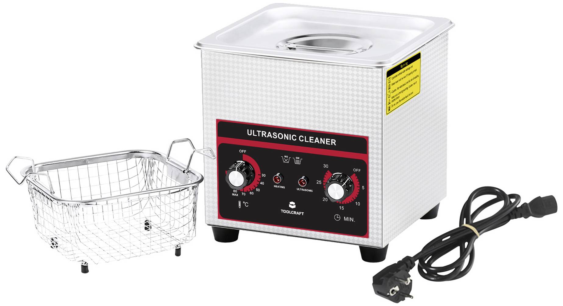 Ultrasonic cleaner with a metal casing, control panel with rotary knobs; alongside a metal basket and a power cable.