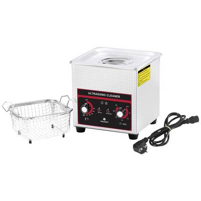 Ultrasonic cleaner with a metal casing, control panel with rotary knobs; alongside a metal basket and a power cable.