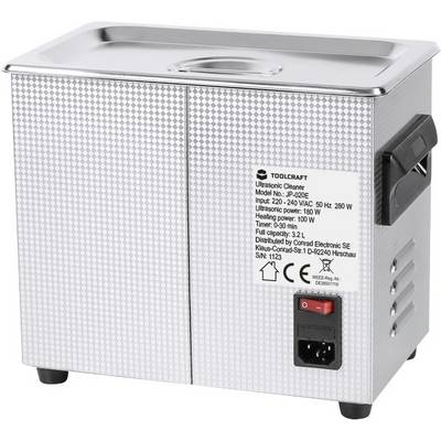 A metal ultrasonic cleaner with a control panel and energy label on the side.