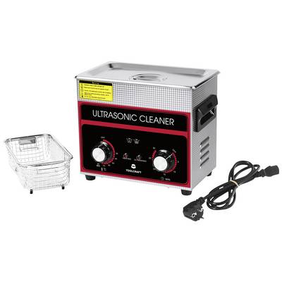 Ultrasonic cleaner with stainless steel housing, two control dials, removable wire basket and power cable, ideal for thorough cleaning.