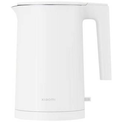 A white electric kettle with a linear design and a visible switch at the bottom edge.
