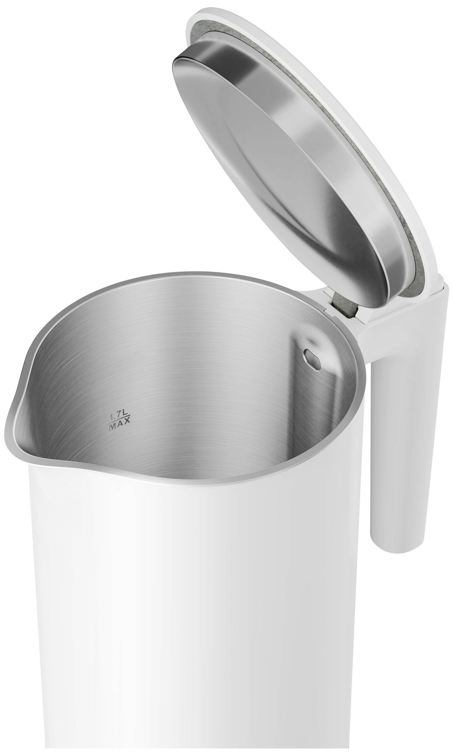 Open white kettle with stainless steel interior and open lid, showing 1.7 litre measurement marking.