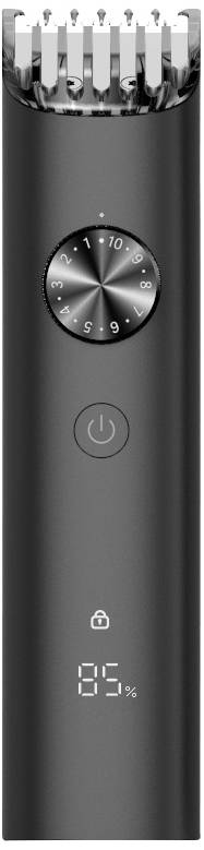 Electric beard trimmer in black with adjustable wheel for length control, on/off switch, digital display with charging status.