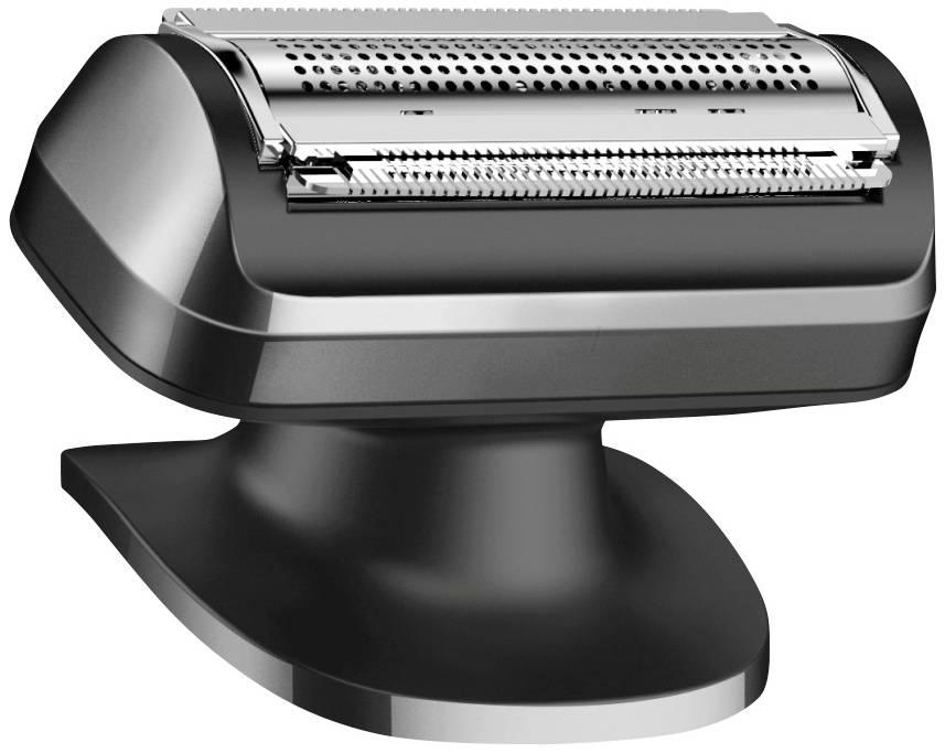 Electric shaver with a black casing, wide cutting head, and fine, perforated protective guard for safe and efficient shaving.