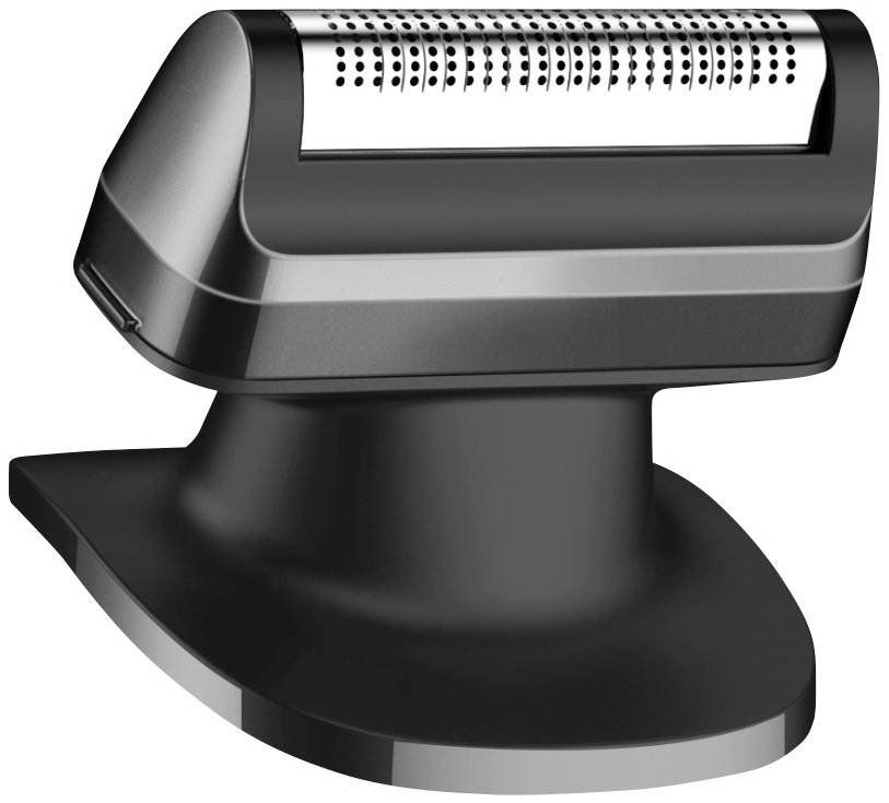 An electric razor attachment with a curved shaving head and an ergonomic design for a thorough shave.