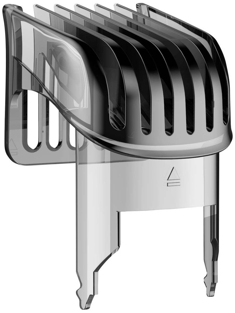 A transparent trimmer attachment with black comb teeth, used for length settings on a razor or hair clipper.