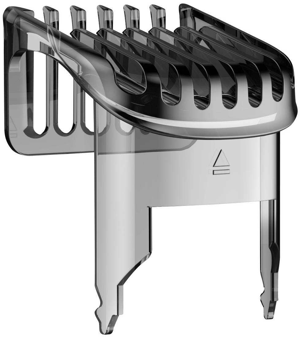 A transparent plastic attachment with graduated teeth, likely for adjusting hair length on an electric razor.