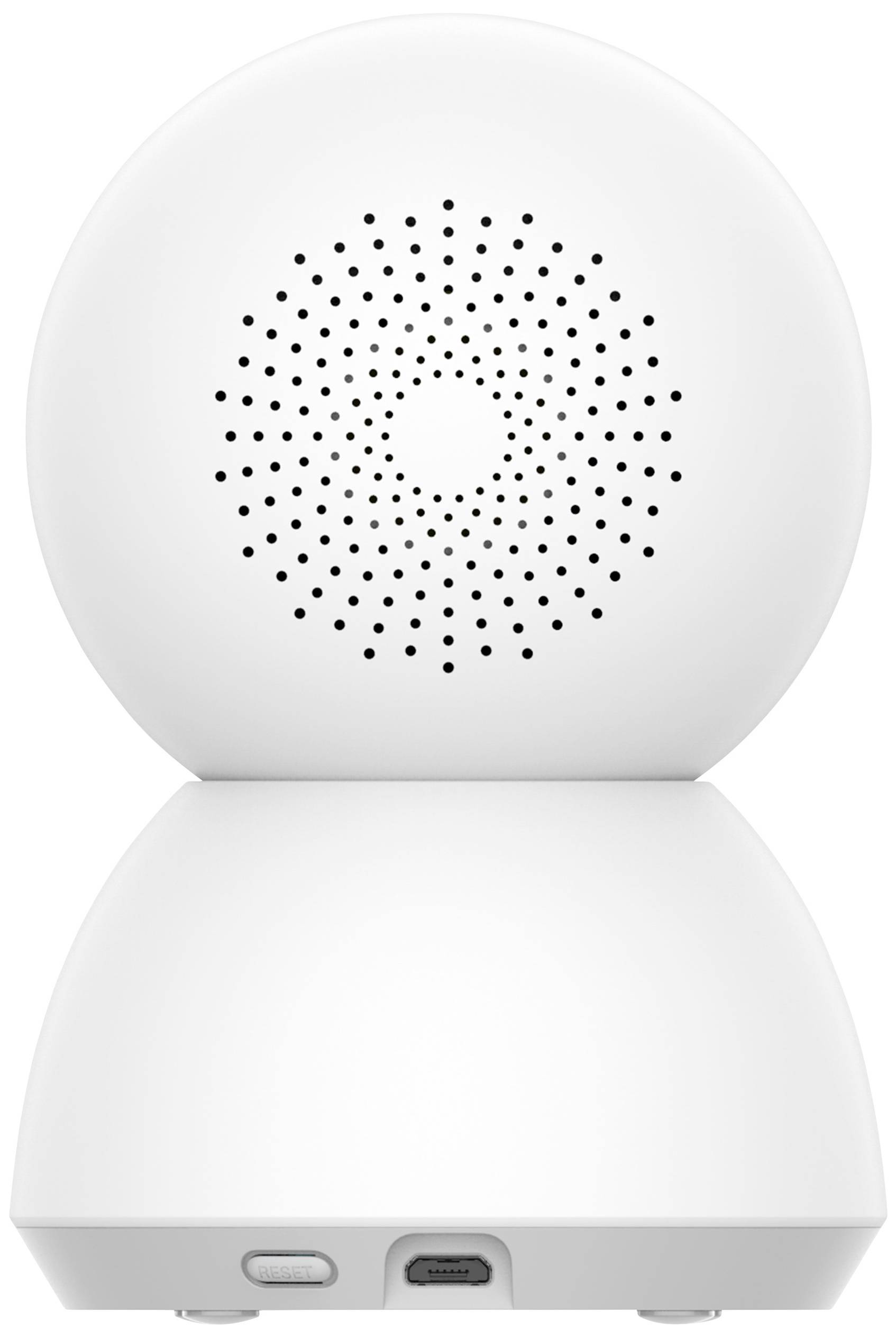 A white, spherical surveillance camera with a grid pattern on the front and connections on the rear.