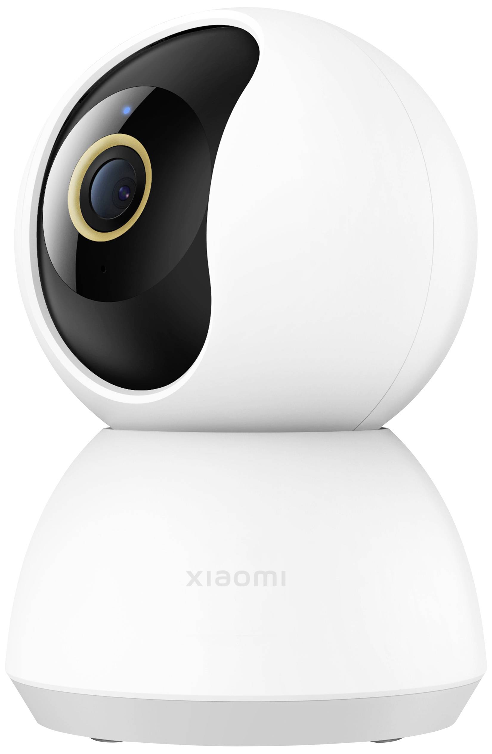 White spherical surveillance camera with black lens area mounted on a circular base.
