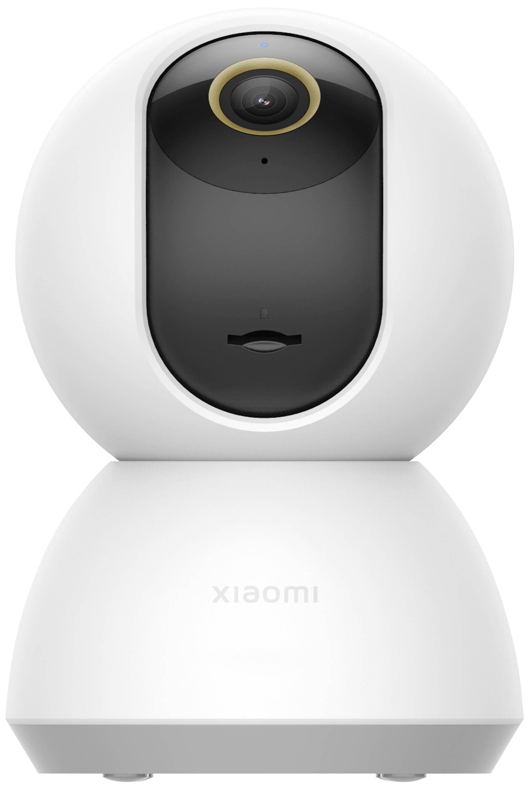 A smart, white security camera with a rounded design and lens in the upper area. Suitable for home surveillance.