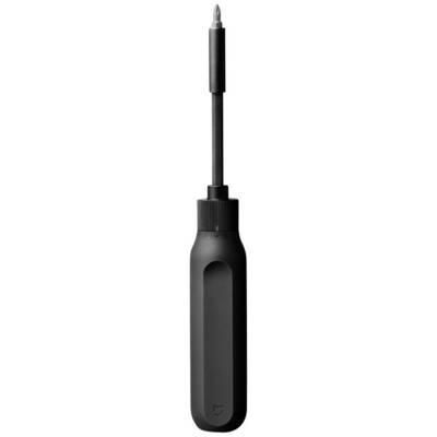 A black screwdriver with an interchangeable tip.
