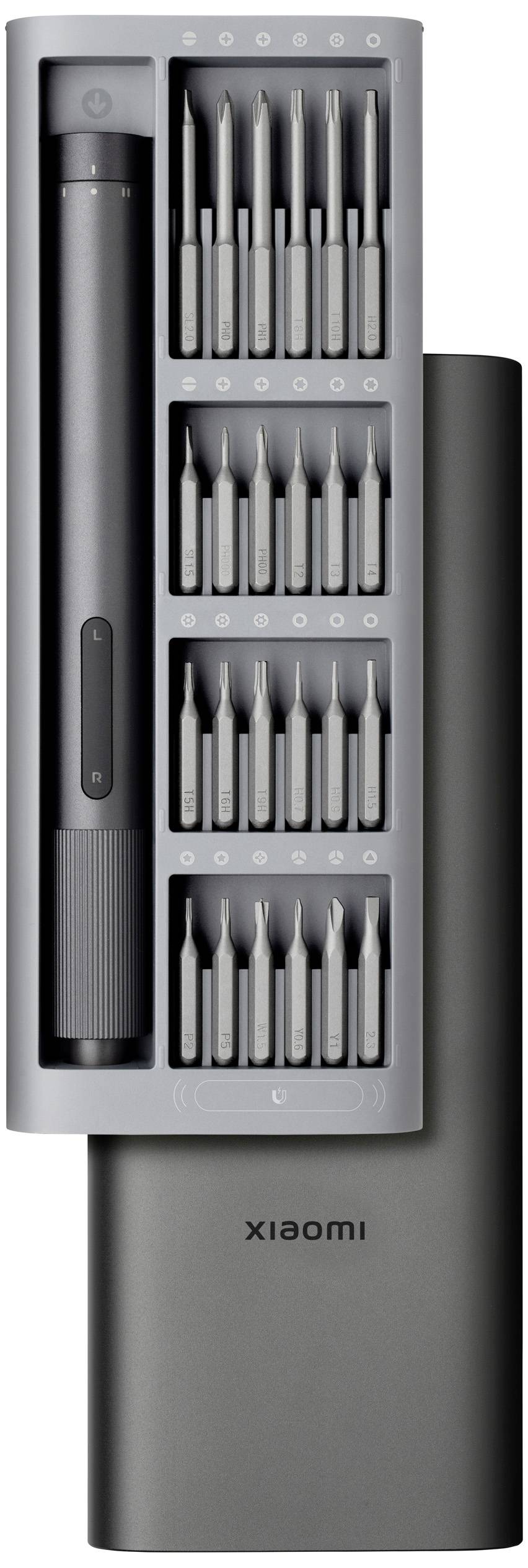 A grey screwdriver set with 24 different bits in an open box, tool handle to the left.