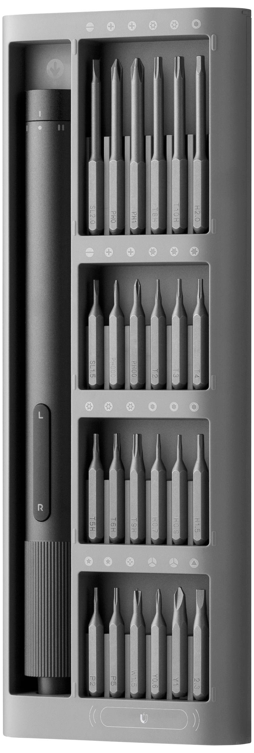 A screwdriver set with a slim, black handle and multiple interchangeable bits in a compact case.
