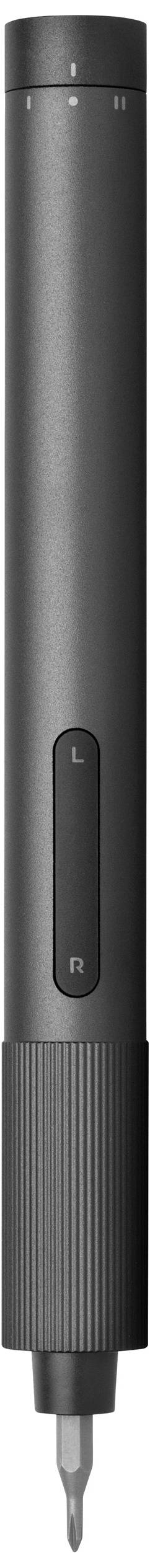 Black, cylindrical electronic screwdriver with a rotatable head and button to control the direction of rotation.