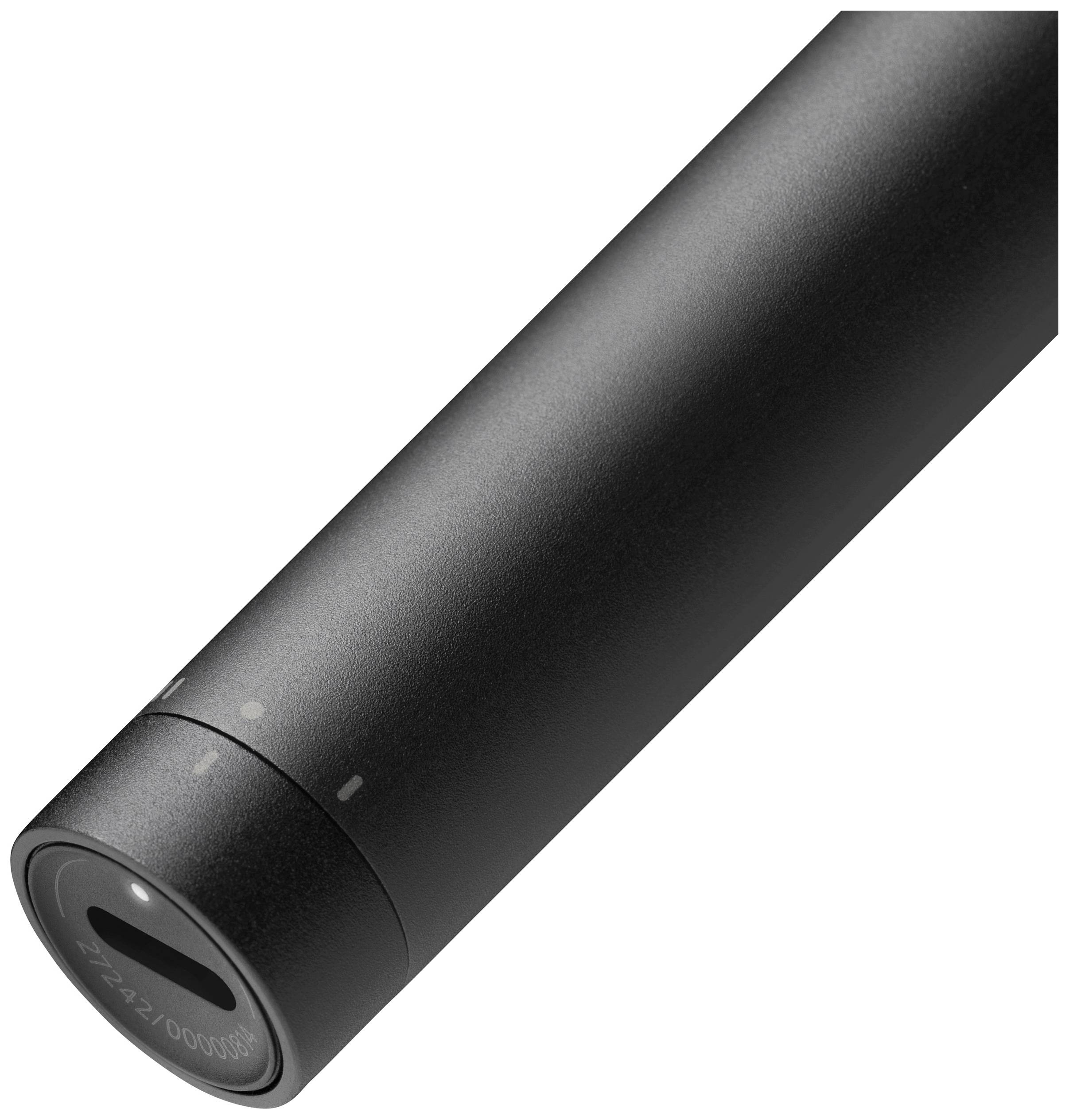 Black, cylindrical object with a smooth surface and a small opening at one end, potentially an electronic device.