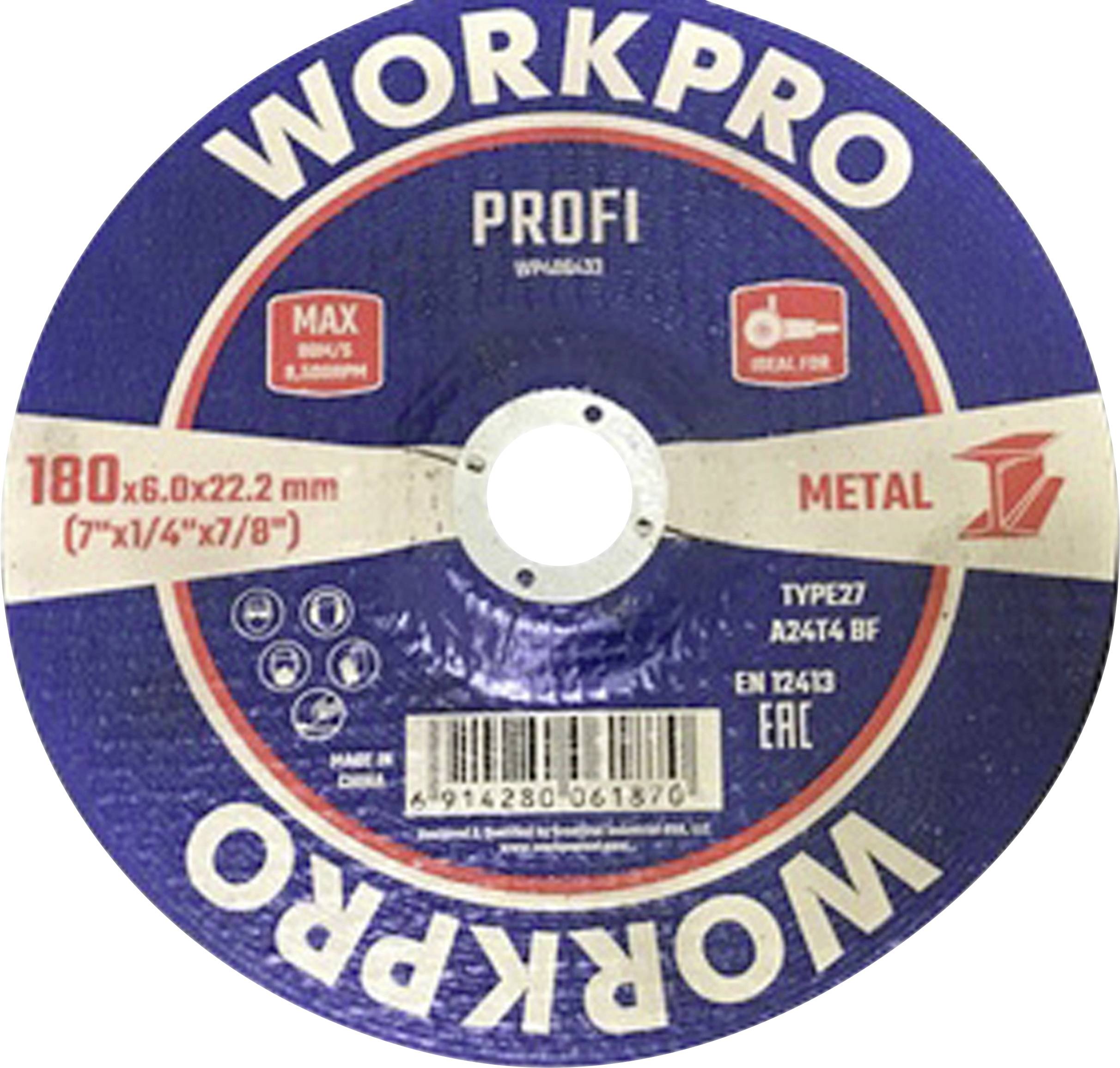 WORKPRO grinding disc, suitable for metal. Dimensions: 180x6.0x22.2 mm. Includes safety and usage instructions for optimal performance.