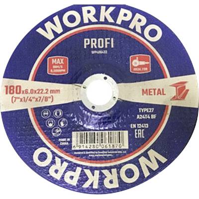 WORKPRO grinding disc, suitable for metal. Dimensions: 180x6.0x22.2 mm. Includes safety and usage instructions for optimal performance.