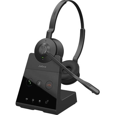 Black wireless Jabra headset on charging dock. Includes controls for call answering, volume adjustment, and mute function.