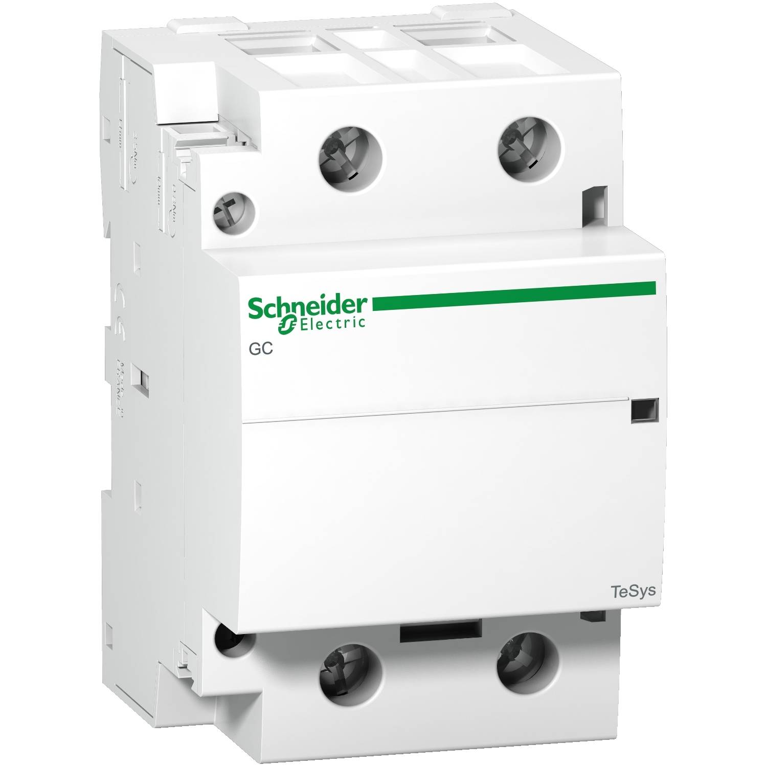 A white three-pole circuit breaker with green lettering 'Schneider Electric', model name 'TeSys'.