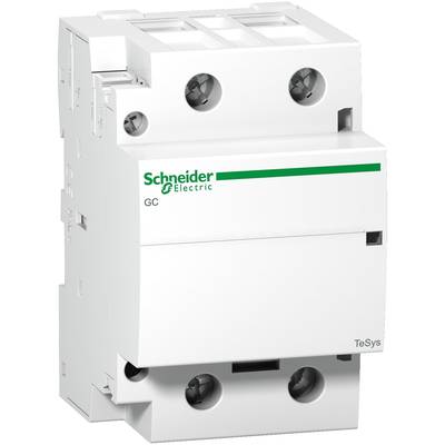 A white three-pole circuit breaker with green lettering 'Schneider Electric', model name 'TeSys'.