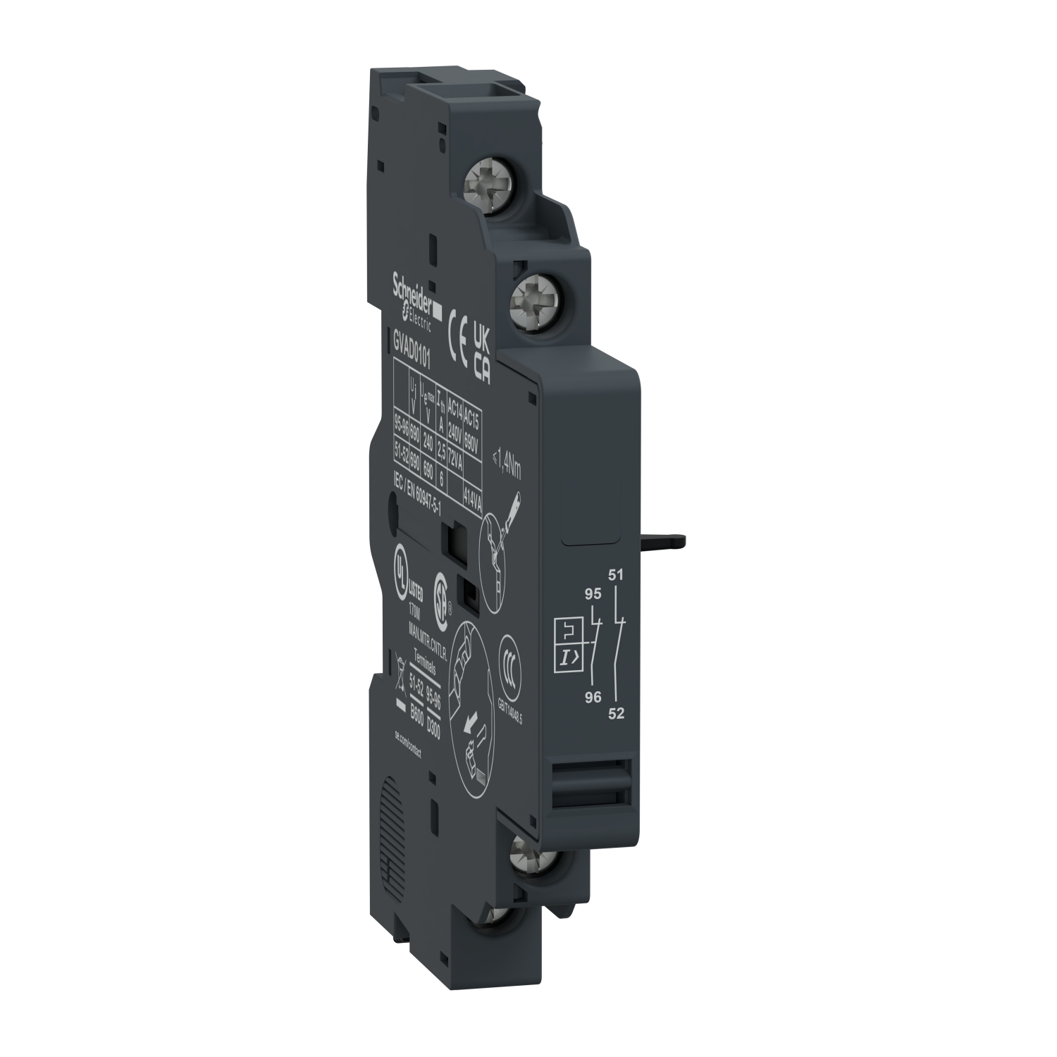 A black electrical contactor pictured from the side; product with CE marking and technical details.