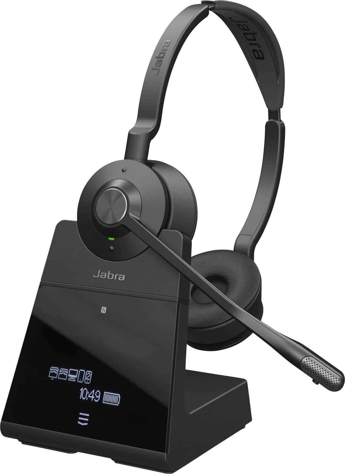 Black wireless headset on docking station, brand 'Jabra'. Digital display showing time. Headset for telephony and communication.